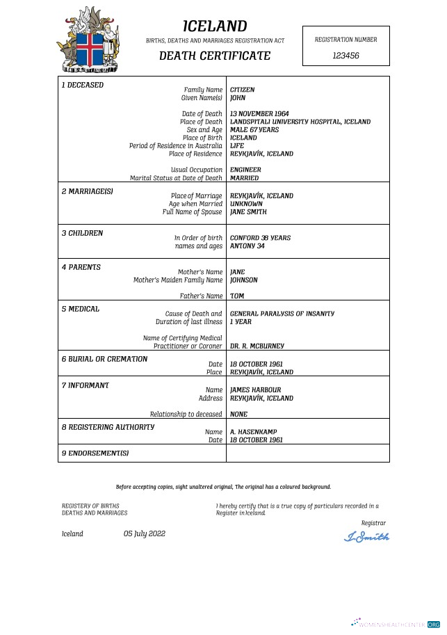 Download Iceland vital record death certificate Word and PDF template Photoshop template